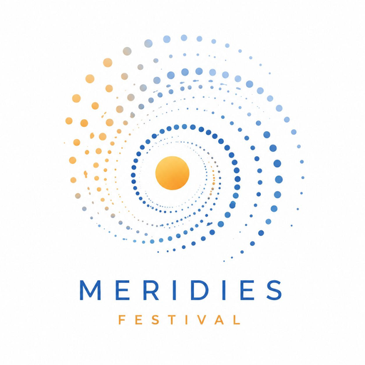 Marchio del Meridies Festival: una spirale di punti blu e arancio attorno a un sole