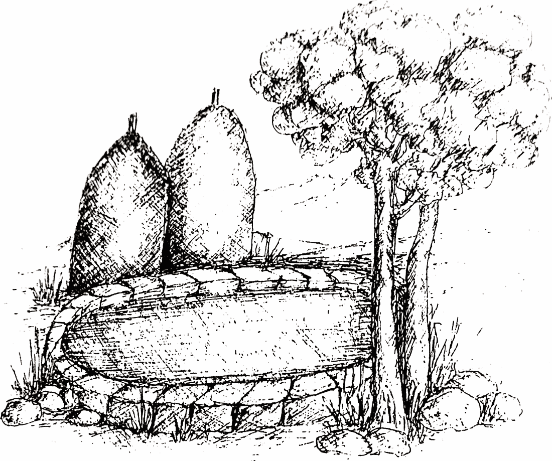 Disegno a china di Giovanni Ferrari: un'aia con due covoni di grano appuntiti dietro un basso muro di pietra, e due alberi sulla destra