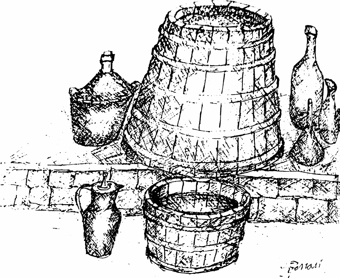 Disegno a penna di una botte, damigiane impagliate e bottiglie in una cantina