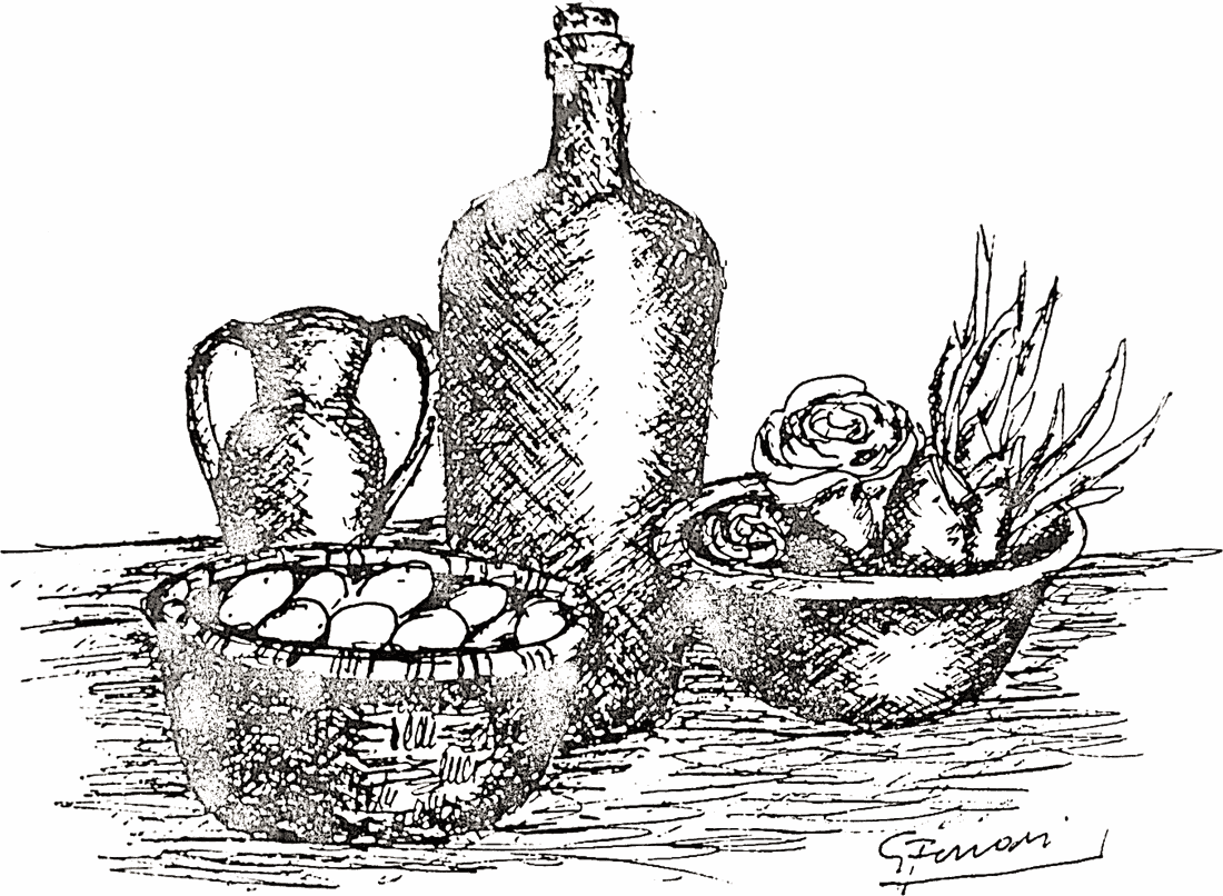 Disegno a china di Giovanni Ferrari: natura morta con una damigiana impagliata, un cesto colmo di uova, una brocca di terracotta e una rosa in una ciotola, su un piano di legno