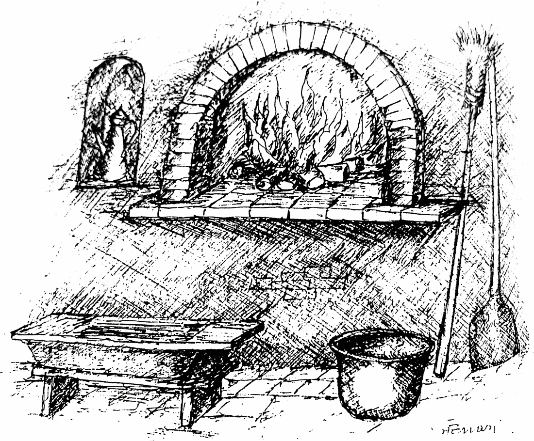 Disegno a china di Giovanni Ferrari: un forno a legna in muratura con il fuoco acceso sotto la volta, una panca di legno in primo piano, un secchio e una scopa di saggina appoggiata al muro