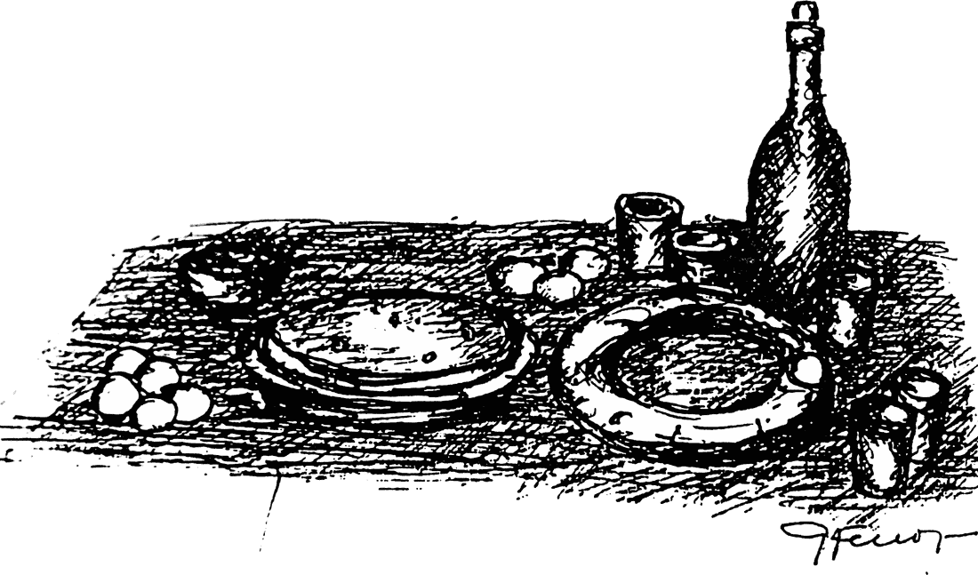 Disegno a penna di una natura morta da tavola: una bottiglia, un bicchiere, due piatti con una frittata e uova sparse