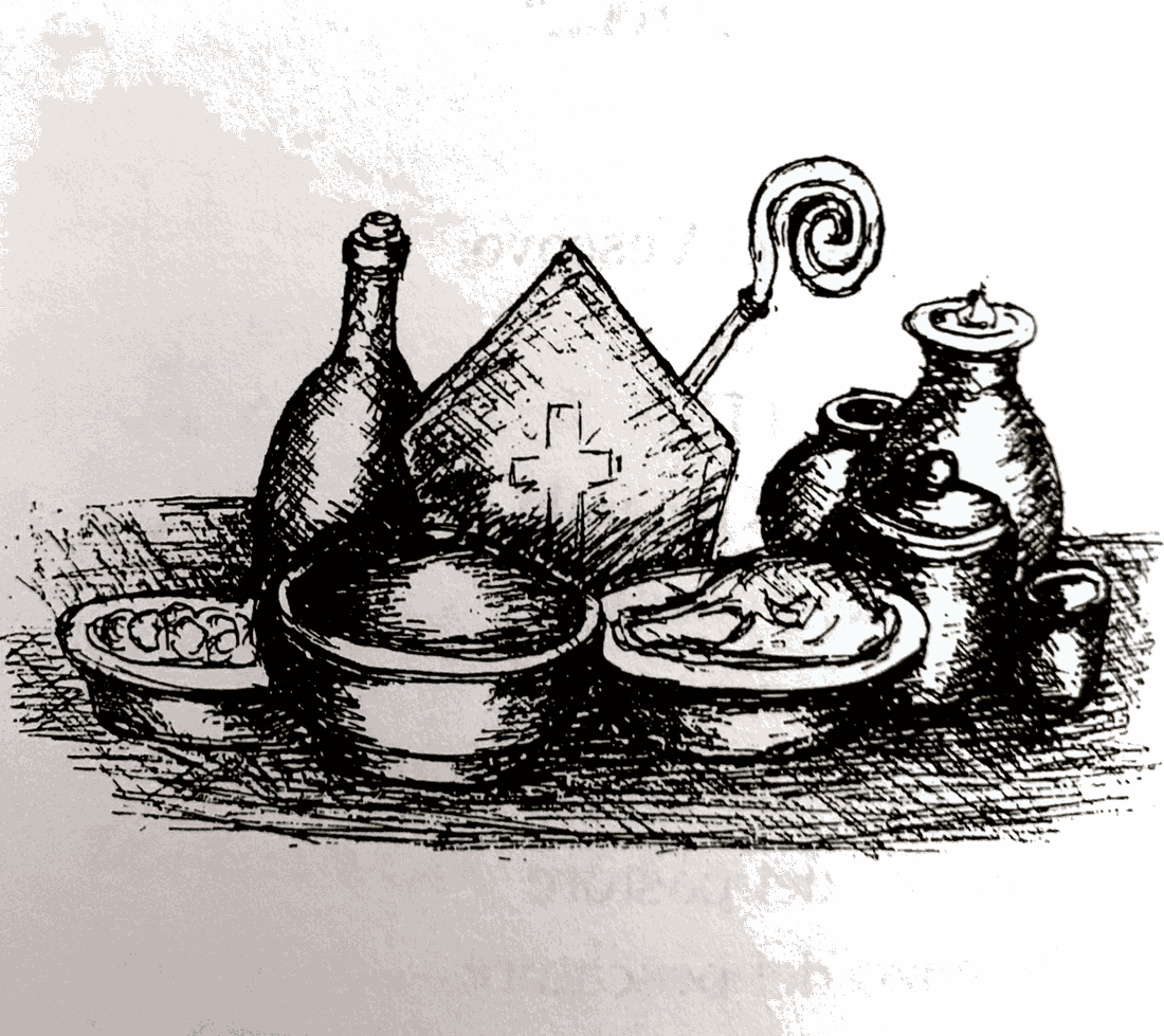 Disegno a penna di una natura morta con un fiasco, due piatti fondi, brocche di terracotta e una mitria vescovile