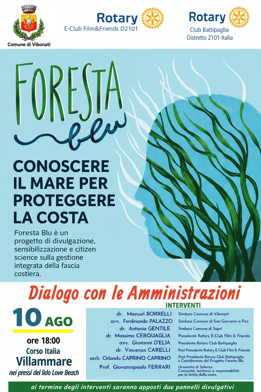 Manifesto di «Foresta Blu»: su fondo azzurro il profilo di un volto formato da alghe verdi, il titolo «Conoscere il mare per proteggere la costa», la data del 10 agosto alle 18:00 a Villammare e l'elenco degli interventi