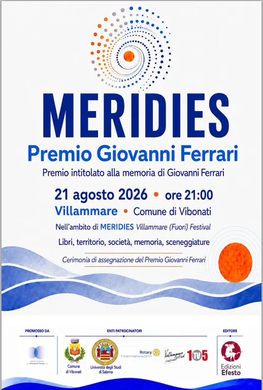 Locandina della cerimonia del Premio Meridies Giovanni Ferrari: 21 agosto 2026 alle 21:00 a Villammare, nell'ambito del Meridies — Villammare (Fuori) Festival