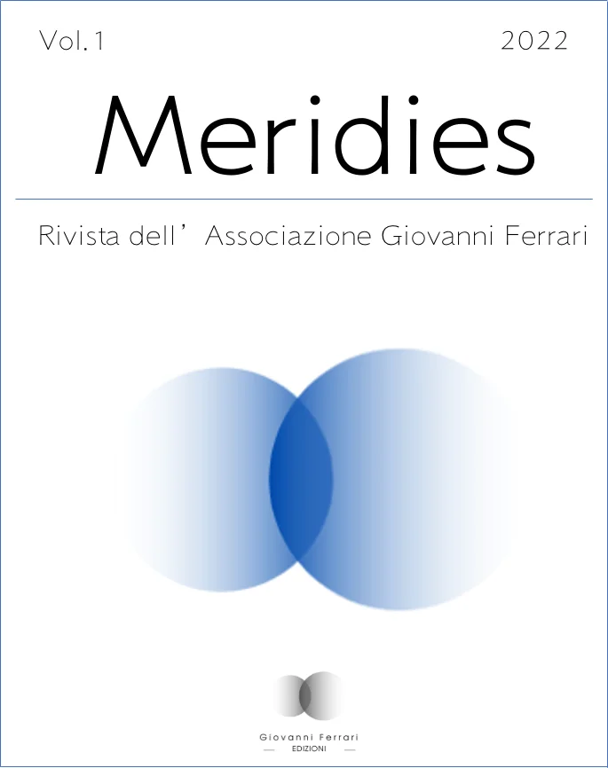 Copertina del primo numero della rivista «Meridies», volume 1, 2022: il titolo in alto entro una cornice blu, il sottotitolo «Rivista dell'Associazione Giovanni Ferrari» e due cerchi sfumati che si intersecano al centro