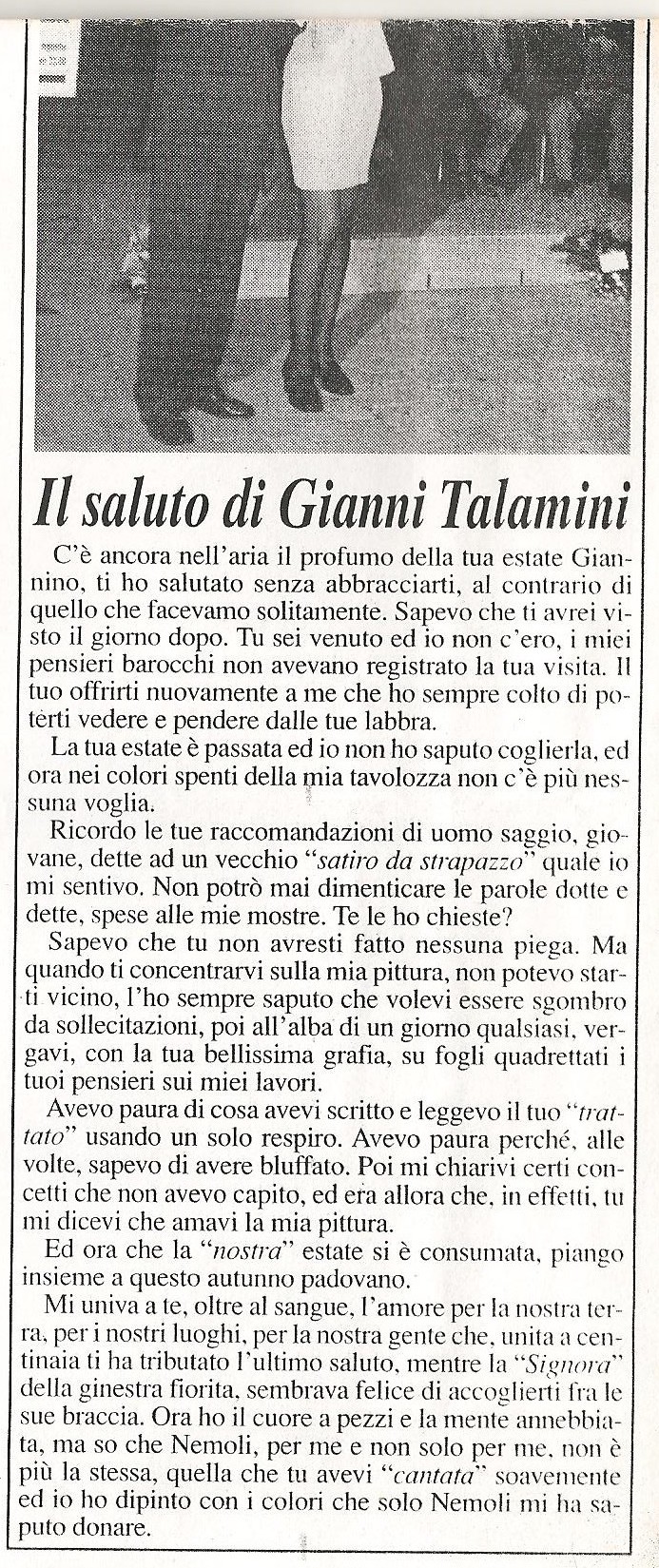 Ritaglio di giornale: «Il saluto di Gianni Talamini», lettera del pittore all'amico scomparso, con una fotografia in apertura