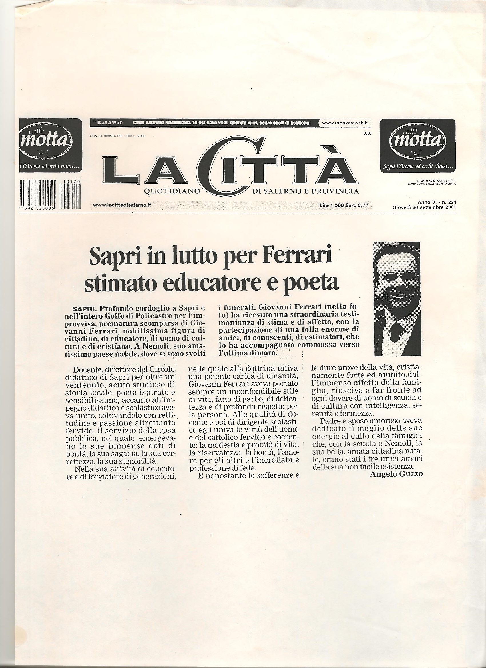 Prima pagina del quotidiano «La Città» di Salerno e provincia: «Sapri in lutto per Ferrari, stimato educatore e poeta», articolo di Angelo Guzzo con il ritratto fotografico di Giovanni Ferrari